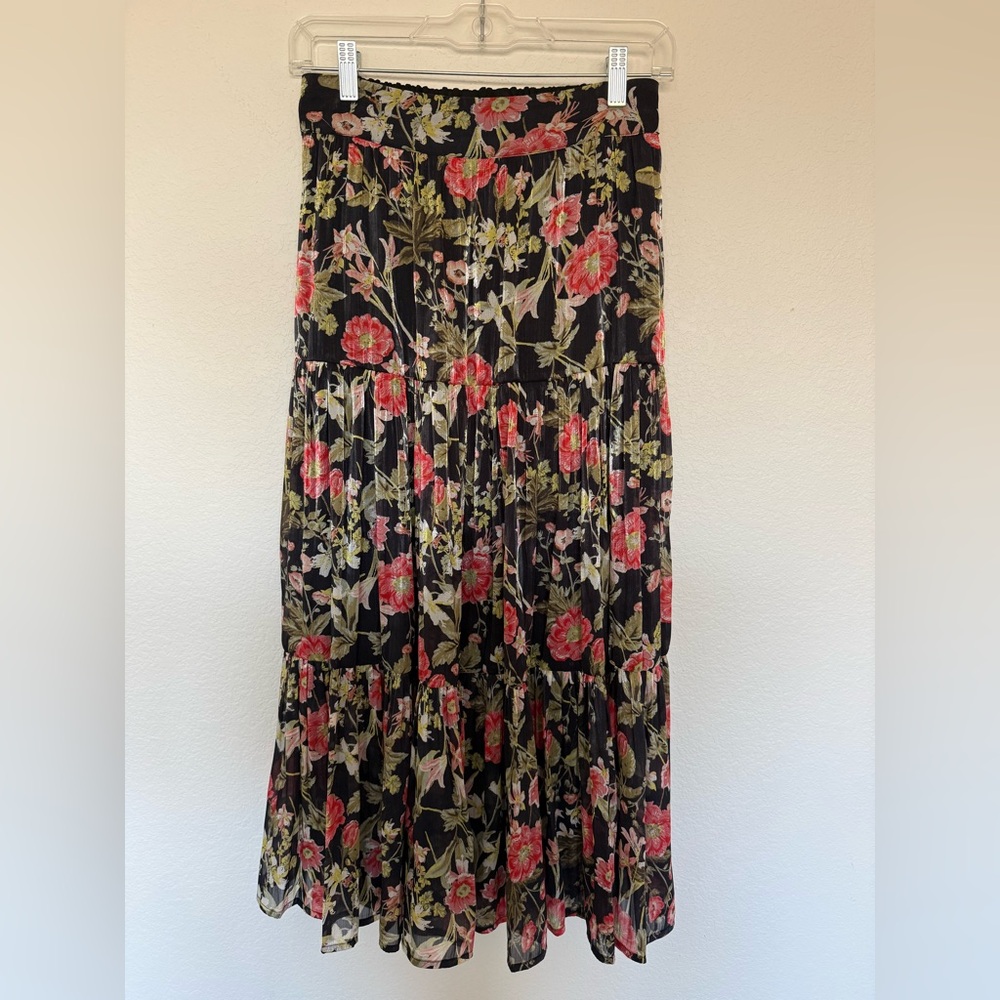 LC Lauren Conrad Black and Pink Floral Midi Skirt